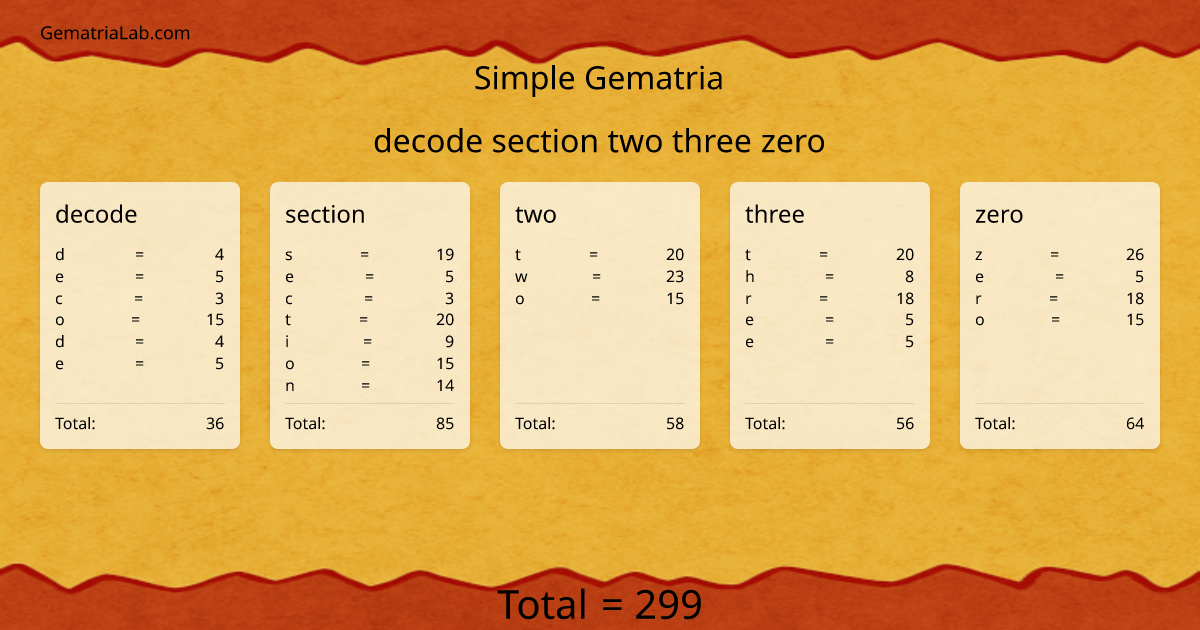 decode section two three zero in simple Gematria